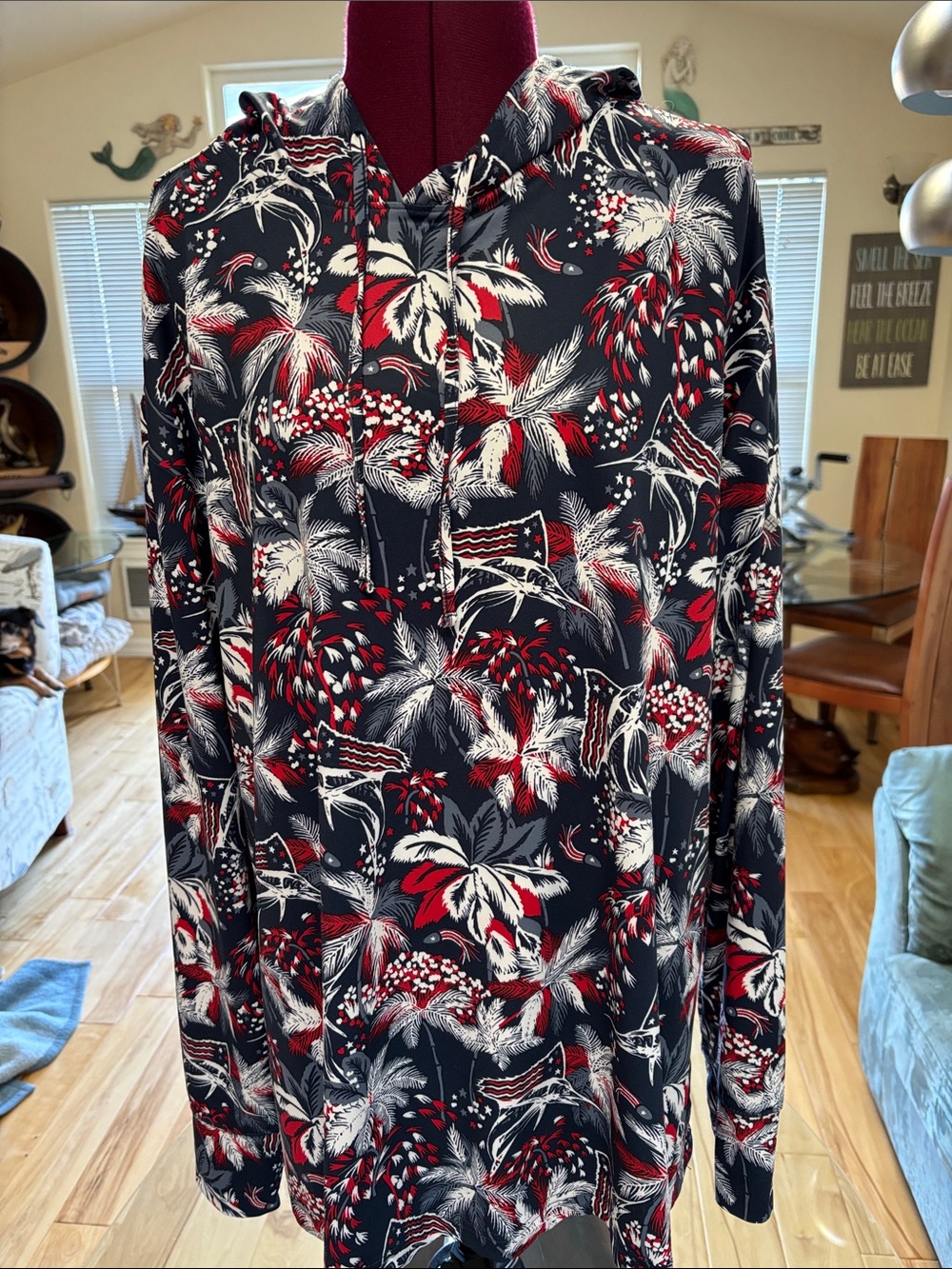 Womens Navy Floral Hoodie with Red and White Accents